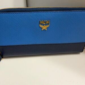 NWOT-  MCM two-tone blue saffiano leather zip-around long wallet.